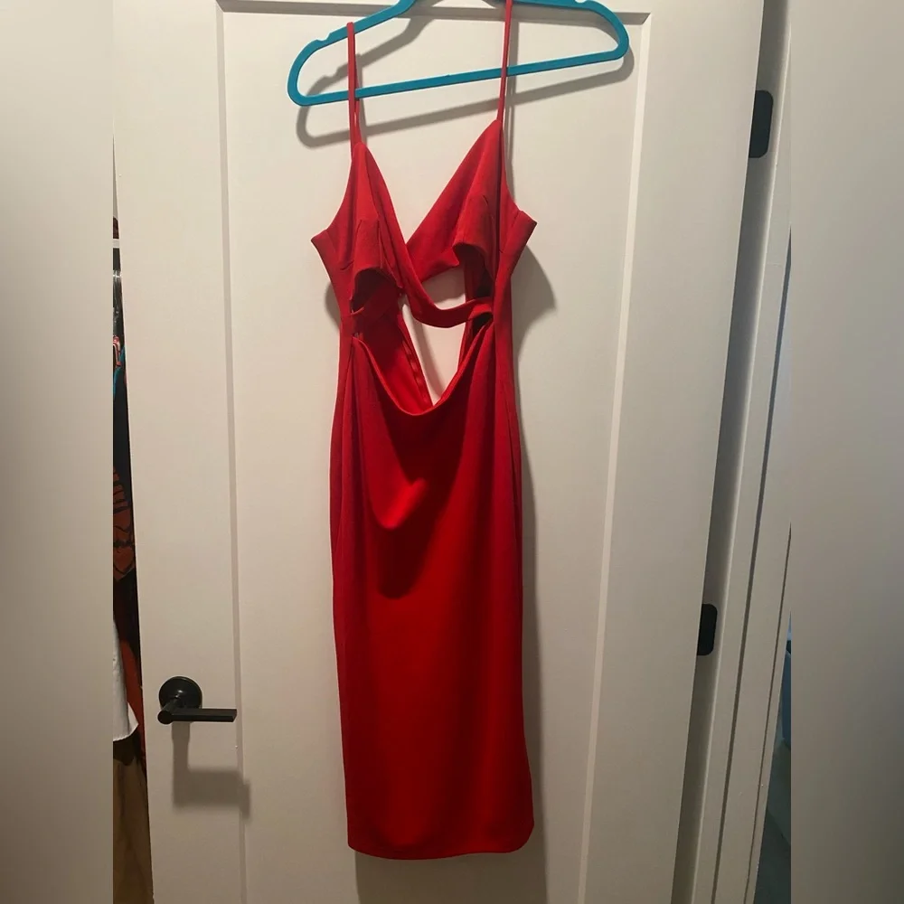 Lulus Cross Your Heart Red Surplice Cutout Bodycon Midi Dress - Size S - Picture 2 of 4